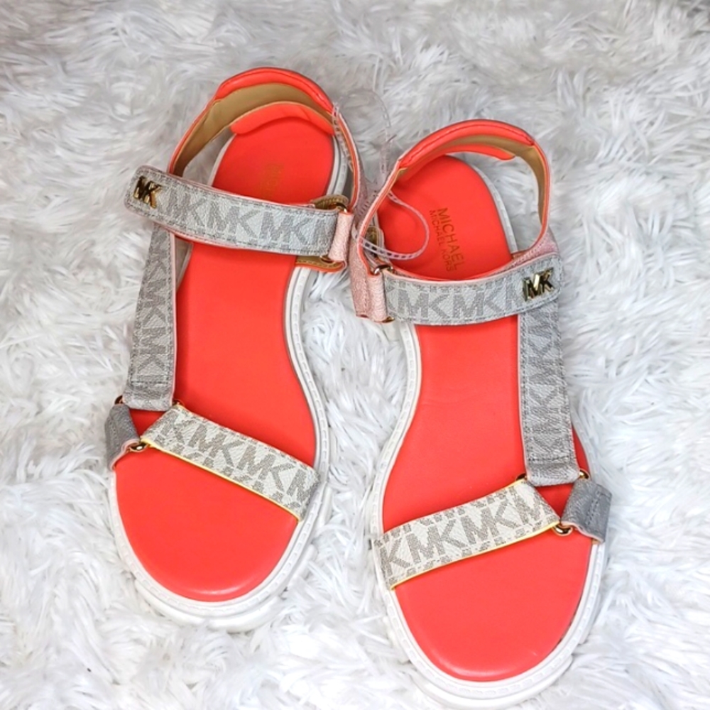 Michael Kors Pink & Tan MK Logo Flat Lug Chunky Sole Sandals SZ 7.5 New - Picture 5 of 17